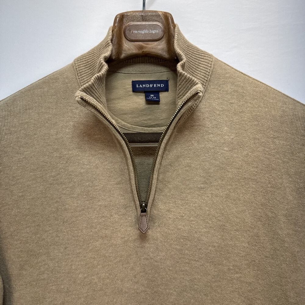 Lands End Mens Quarter Zip Pullover Sweater Size M Camel Tan Cotton Elbow Patch - Picture 3 of 6